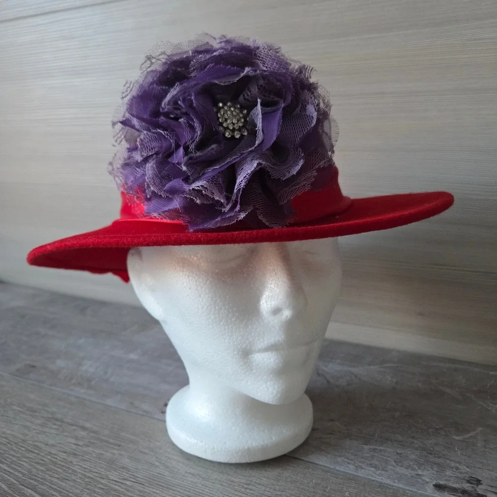 Bollman Red Hat Society Wool Felt‎ Women Purple Flower Satin Bow Derby USA Made